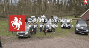 Still from RTV Oost news showing seven Protect Ukraine 4x4 vehicles and volunteers preparing for a convoy to Ukraine.